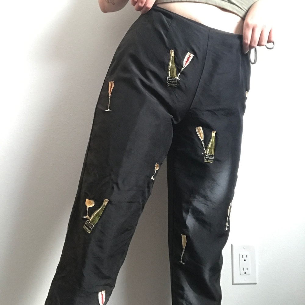 100% Silk Black Wine Embroidered Dress Pants